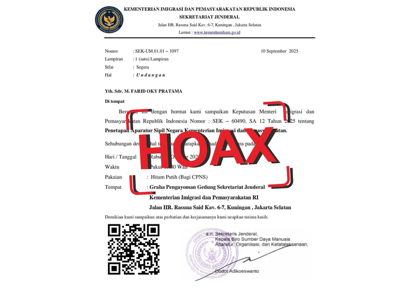 [HOAKS] Penetapan Aparatur Sipil Negara Kementerian Imigrasi dan Pemasyarakatan 